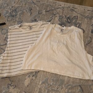 White Crop Tank Top Duo — Solid White & White with Gray Stripes